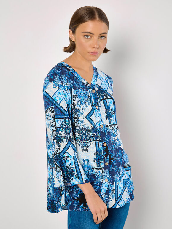 Patchwork Scarf Print Blouse, Blue, large