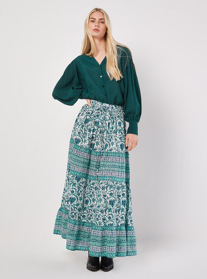 Floral Vine Cotton Tiered Maxi Skirt