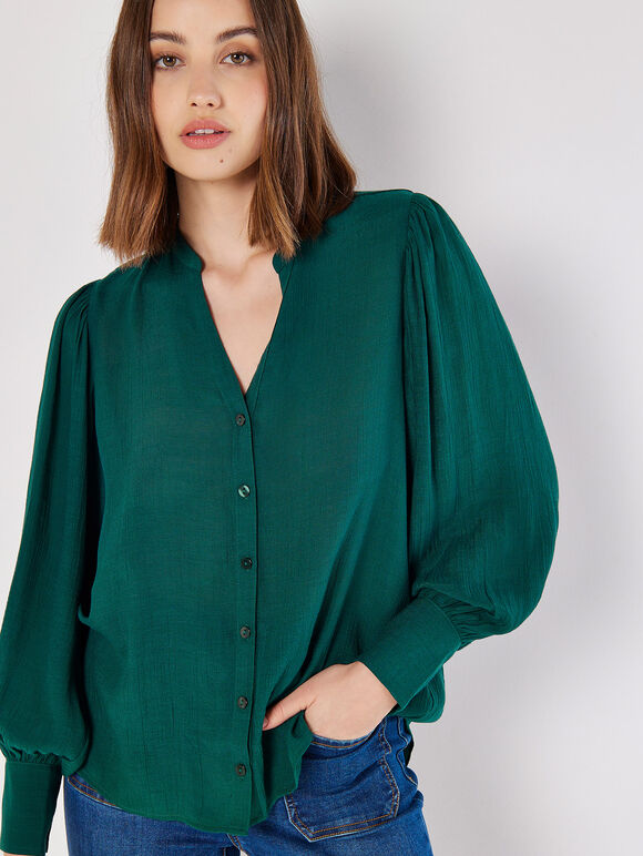 Grandad Collar Slub Fabric Shirt, Green, large