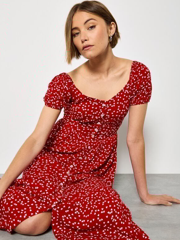 Mini Heart Print Midi Dress, Red, large