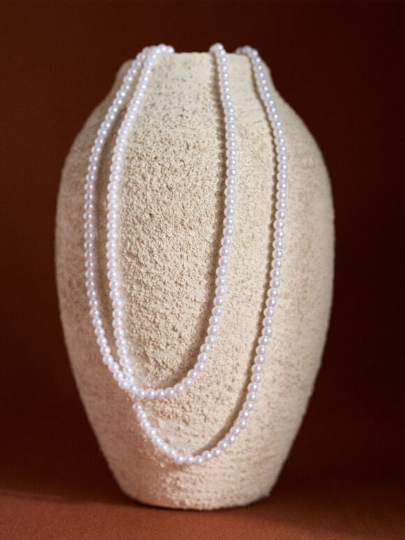 Layered Pearl Necklace, White, large