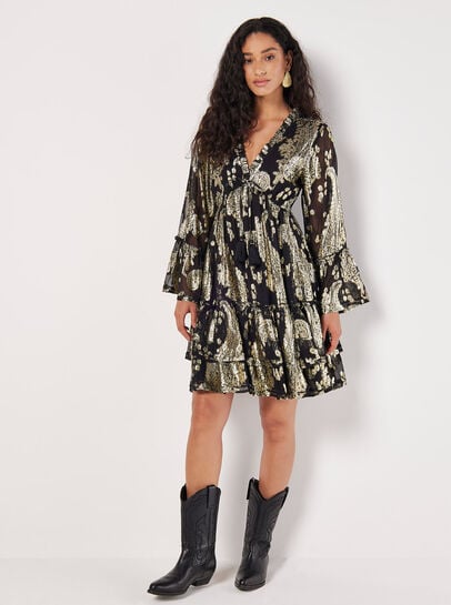 Gold Foil Paisley Mini Dress