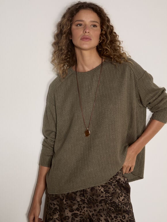 Jacquard Knit Jersey Top, Khaki, large