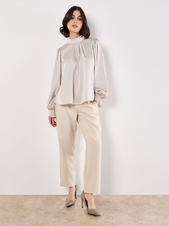 Satin Self-Stripe Tie Back Top, Stone, large