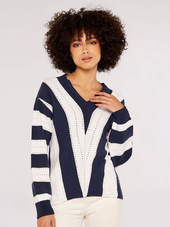 Chevron Pointelle Tunic Jumper, Navy, large