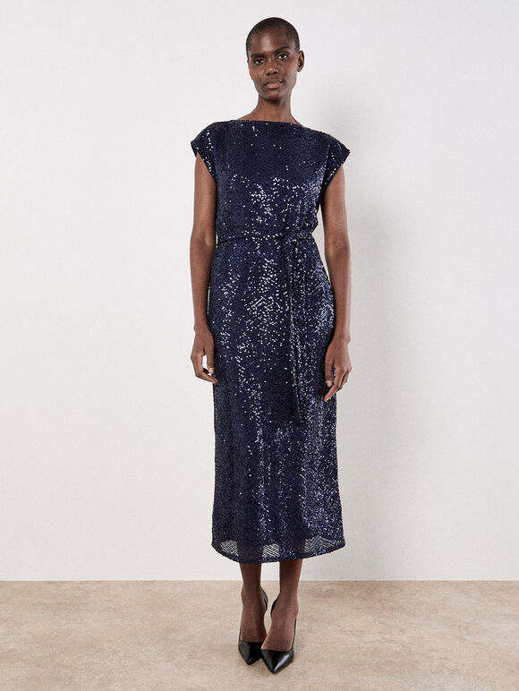 Chevron Sequin Midi Dress, Navy, large