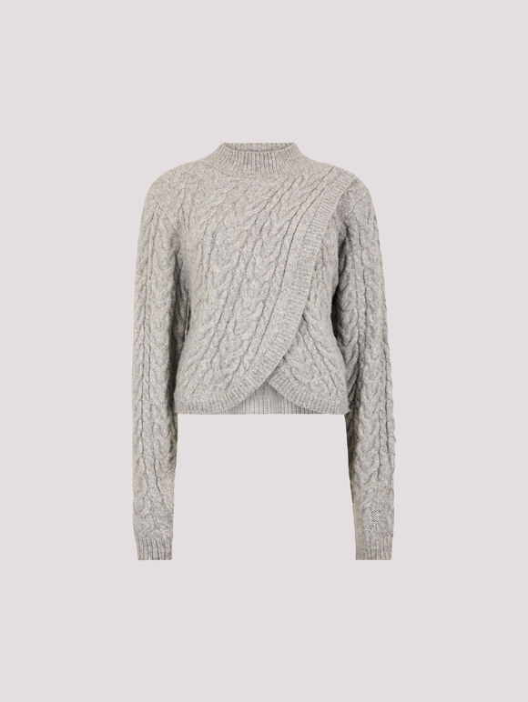 Cable Knit Wrap Jumper, Grey, large