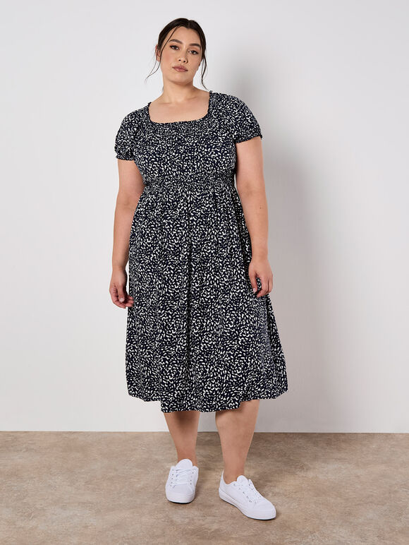 Brush Spot Milkmaid Midi Dress, Navy, large