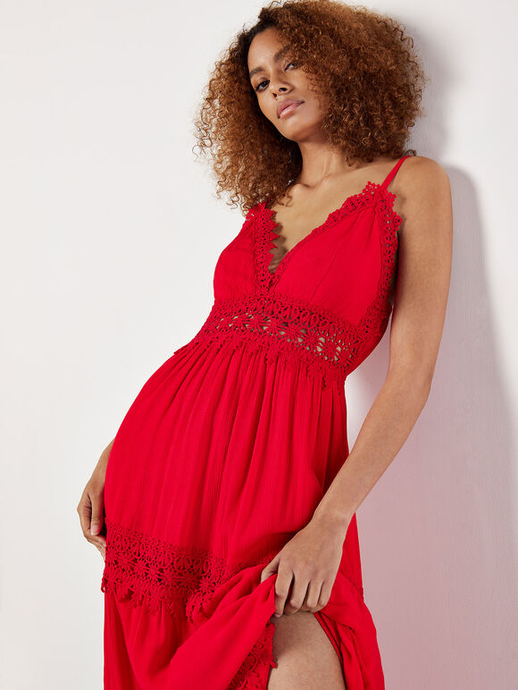 Lace Crinkle Tiered Maxi Dress, Red, large