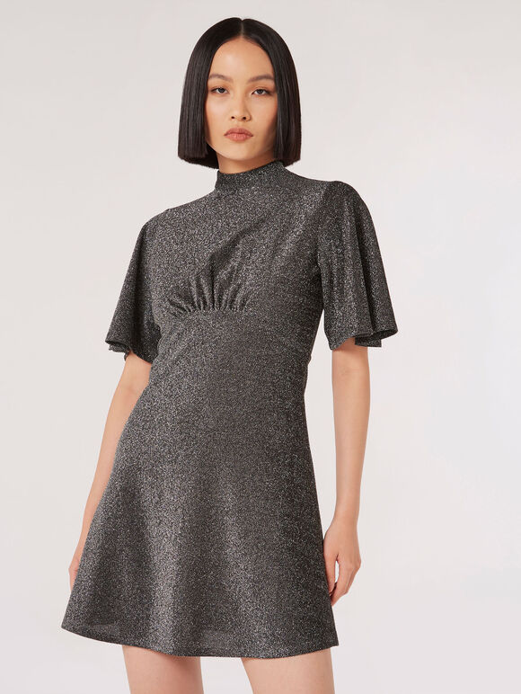 Metallic Sparkle Skater Mini Dress, Silver, large