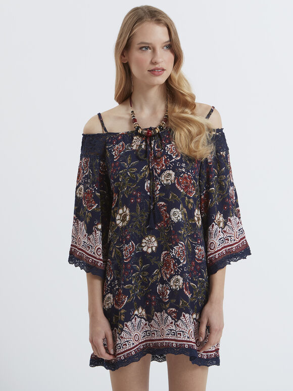 Batik Floral Cold Shoulder Swing Tunic Dress, Navy, large
