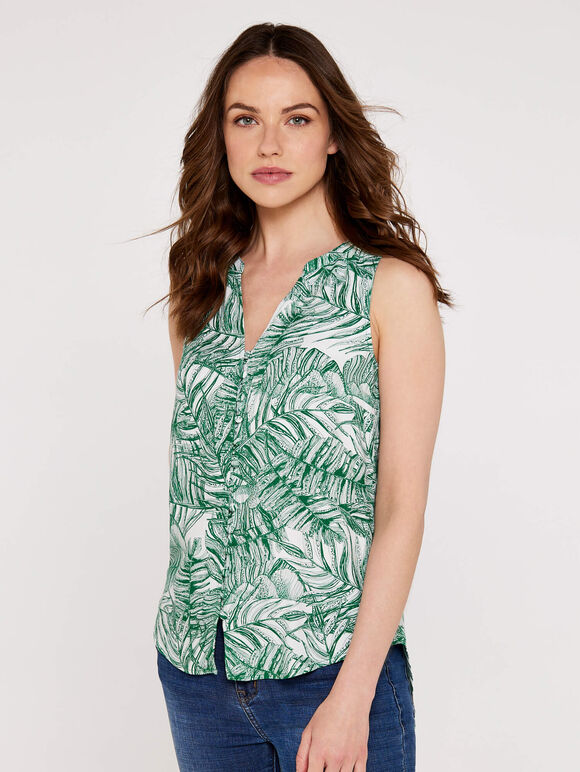 Tropical Print Button Top, Green, large
