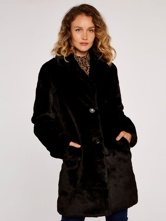 Soft Faux Fur Coat, Black, large