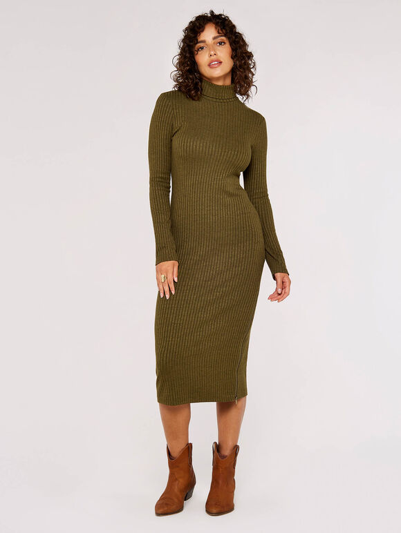 High Neck Midi Dress, Khaki, large