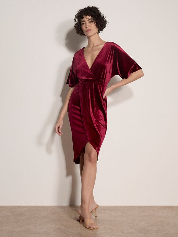Velvet Wrap Mini Dress, Burgundy, large