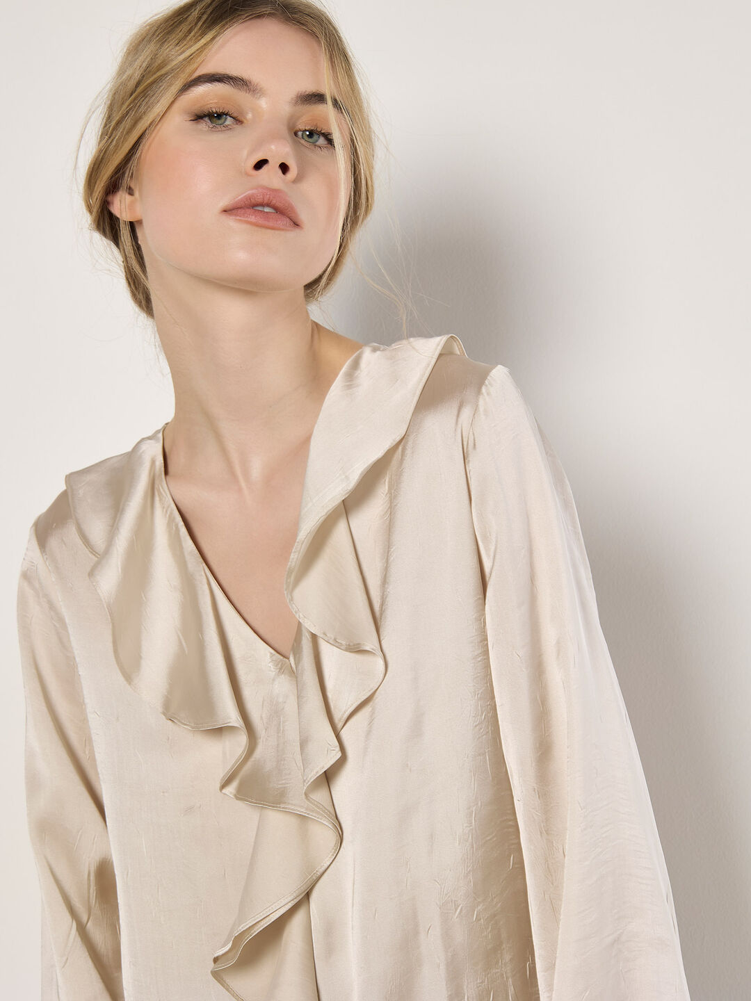 Textured Satin Ruffle Blouse