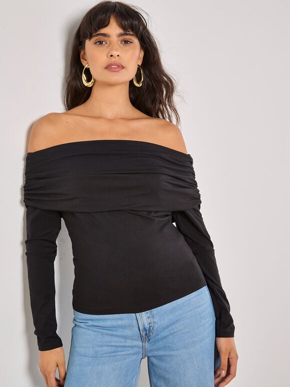 Jersey Bardot Top, Black, large