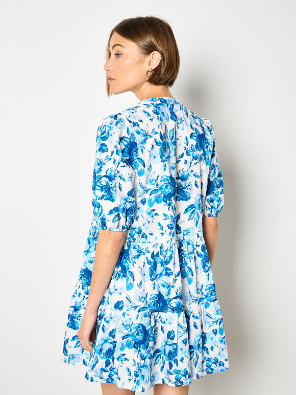 Floral Print Cotton Mini Dress, Blue, large