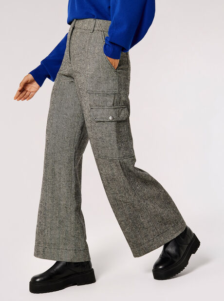 Herringbone Wide Leg Cargo Trousers