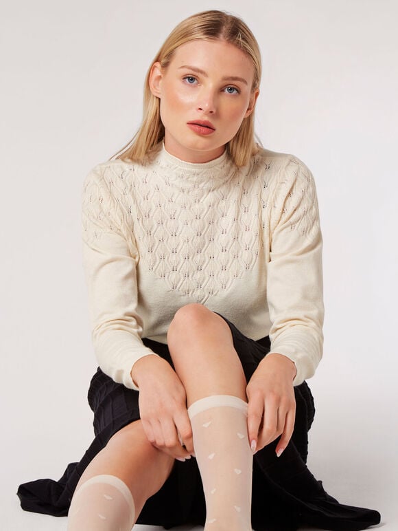 Pointelle Shell Fine Knit Jumper, Stone, large