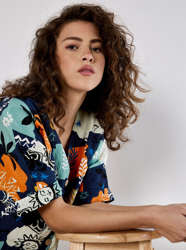 Colourful Sketch Print Top, Navy, large