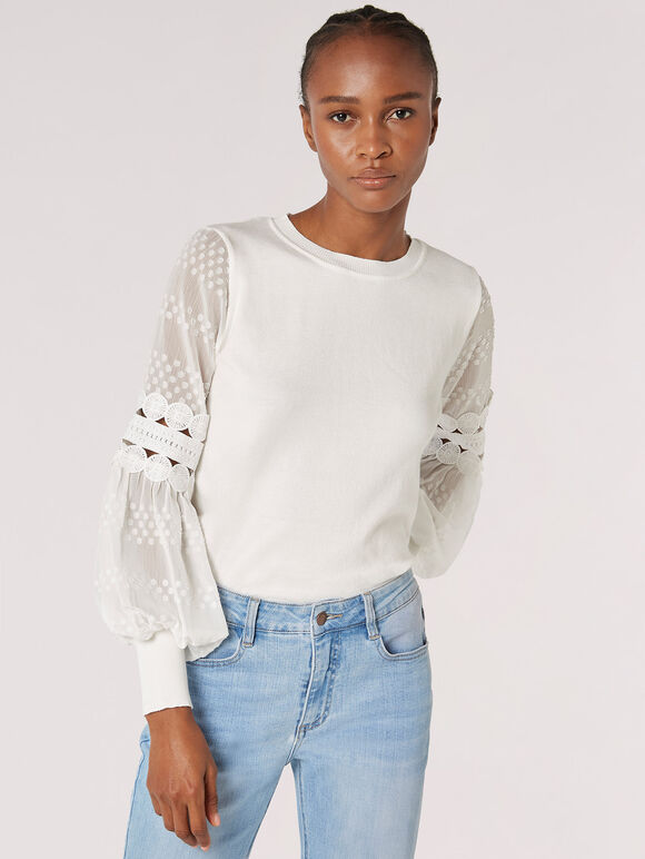 Contrast Crochet Sleeves Jumper, Cream, large