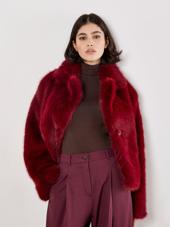 Faux Fur Short Coat, Burgundy, large