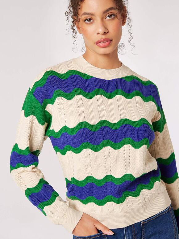 Wavy Stripe Pointelle Jumper, Stone, large