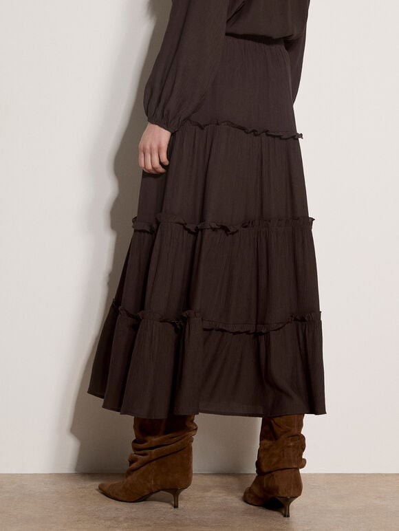 Ruffle Tiered Maxi Skirt, Brown, large
