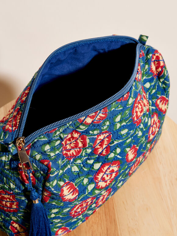 Pochette zippée matelassée à imprimé floral, bleu, grande