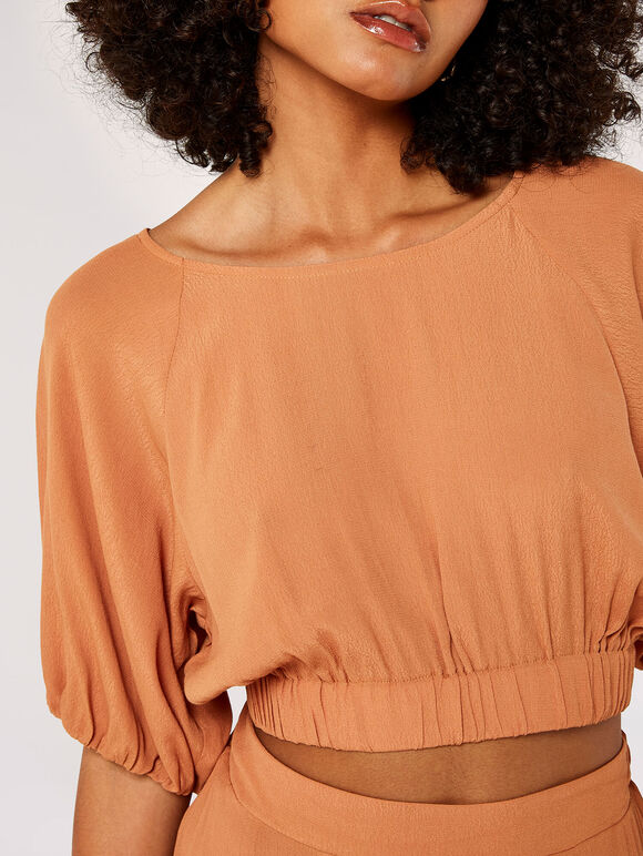 Puff Sleeve Textured Crop Top, Stone, large