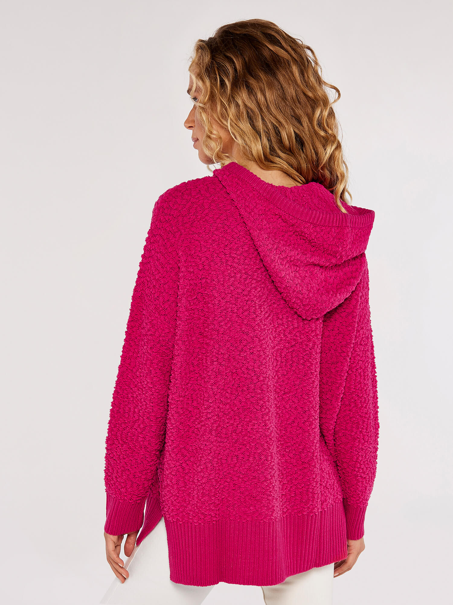 Popcorn Knit Hooded Jumper Apricot Clothing