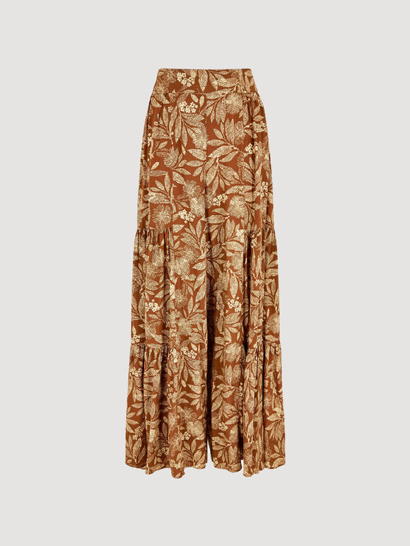 Batik Leaves Tiered Wide-Leg Trousers, Rust, large