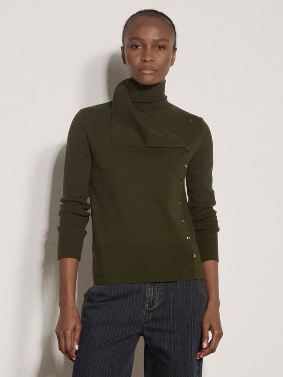 Ribbed Knit Asymmetric Cardigan, Khaki, large
