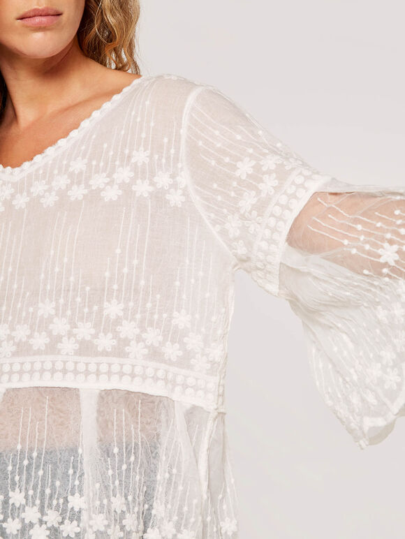 Embroidered Mesh Top, Cream, large
