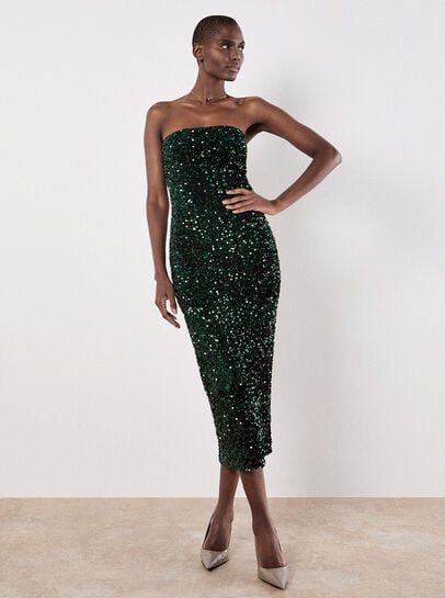 Sequin Bandeau Velvet Bodycon Midi Dress