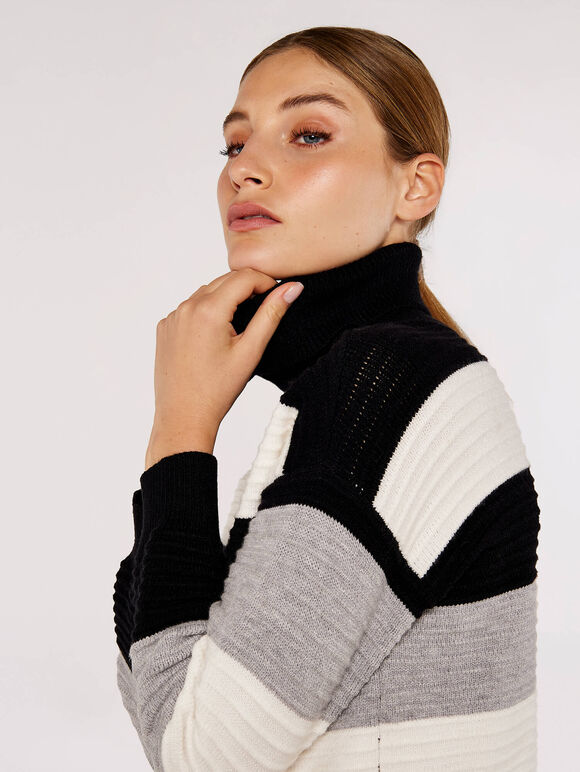 Ribbed Colour Block Stripe Jumper, Black, large