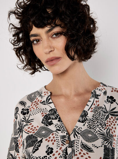 Tropical Print Linen Blend Mini Dress