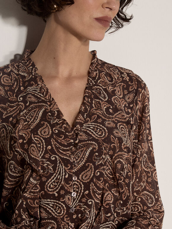 Paisley Chiffon Ruffle Blouse, Brown, large