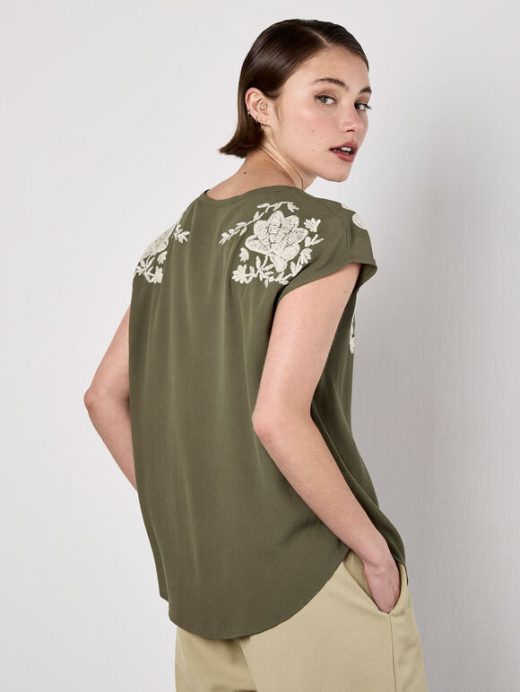 Floral Embroidered Crepe Top, Khaki, large