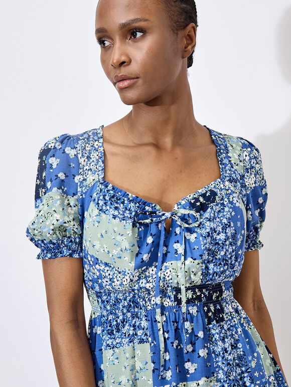Ditsy Patchwork Milkmaid Mini Dress, Blue, large