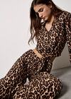 Leopard Print Tie Front Crop Shirt, Brown, large