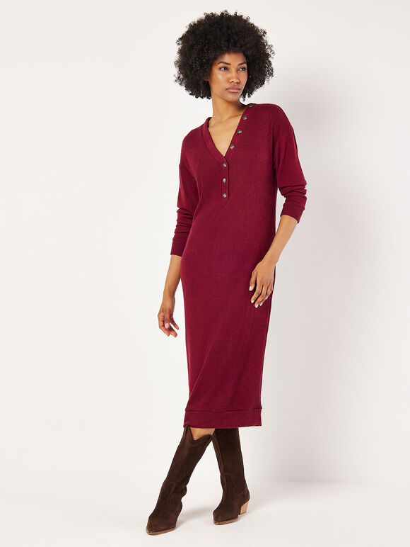 Ribbed Knit Midi Dress, Burgundy, large