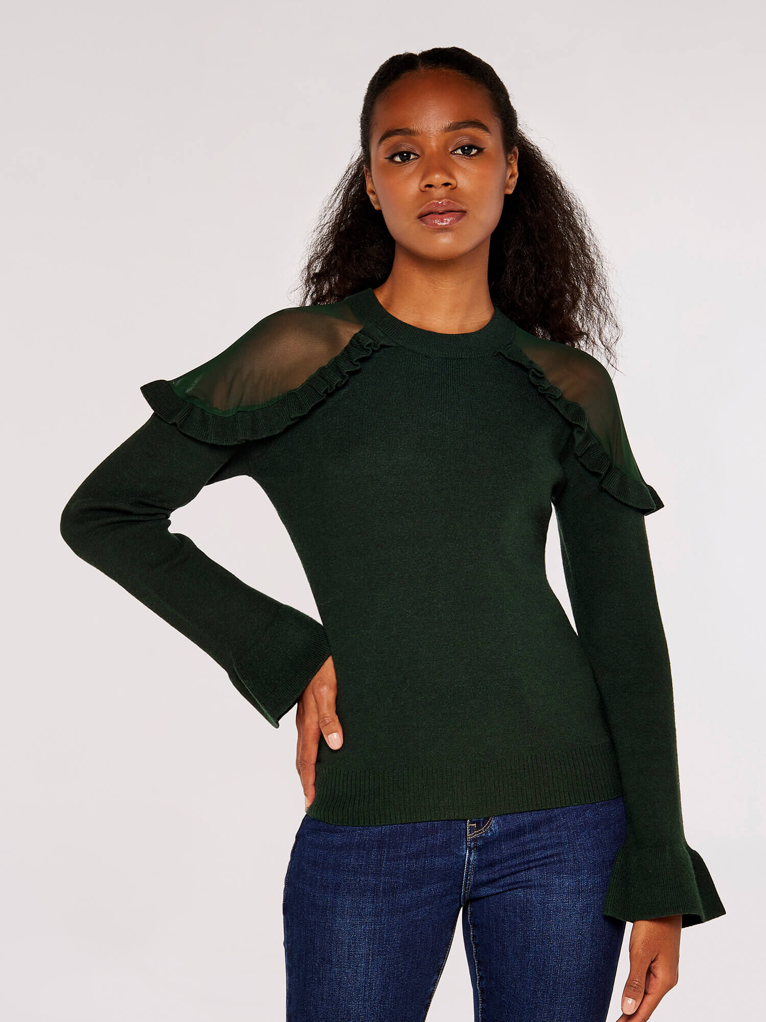 Mesh Ruffle Shoulder Jumper Apricot Clothing