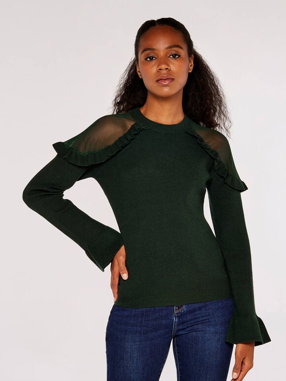 Mesh Ruffle Shoulder Jumper, Green, large