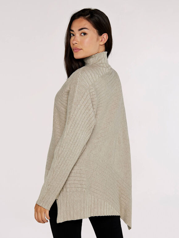 Waffle Assymetrical Hem Jumper, Stone, large