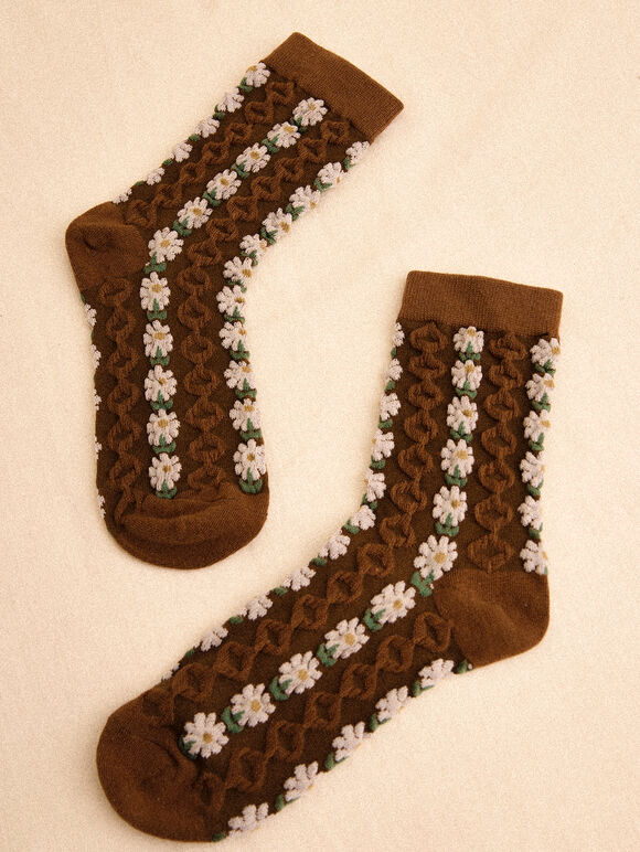 Floral Daisy Socks, Brown, large