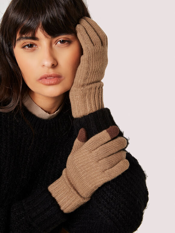 Gants pour écran tactile en tricot côtelé, Brun, grand