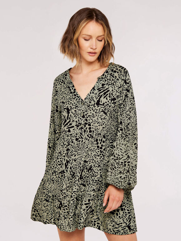 Animal Oversized Tier Dress, Khaki, large