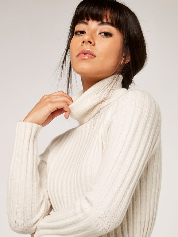 Ribbed Roll Neck Jumper, Cream, large